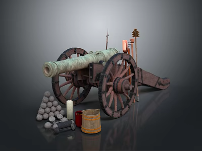 Antique Historical Cannon with Stacked Cannonballs Wooden Barrel Candle and Spear 3d model