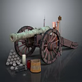 Antique Historical Cannon with Stacked Cannonballs Wooden Barrel Candle and Spear