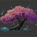 Stylized Pink Flower Tree With Lush Blossoms On Blue Ground And Floating Petals