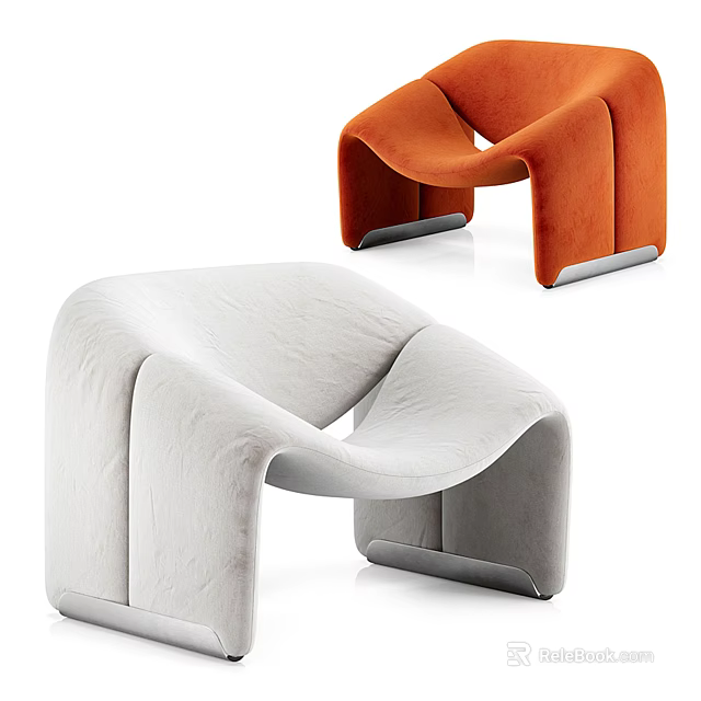 Modern Minimalist Orange and White Accent Chairs with Curved Design and Velvet Upholstery 3d model 