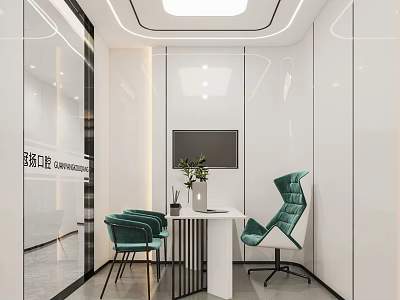 Modern Restaurant Interior With White Walls Green Chairs TV And Tabletop Plants 3d model