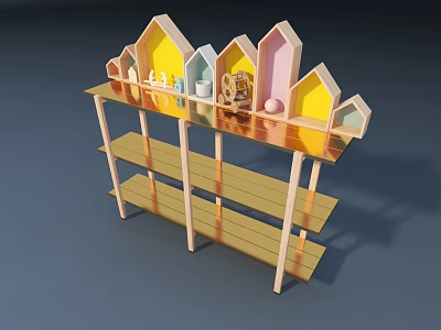 Golden Multi Tiered Storage Shelf With Colorful House Shaped Decor 3d model