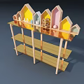 Golden Multi Tiered Storage Shelf With Colorful House Shaped Decor