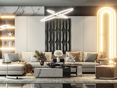 Modern Living Room Sofa Coffee Table Set With Soft Pillows Marble Top And Lighting 3d model