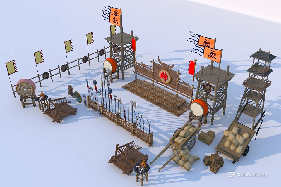 Ancient Weapons Scene Featuring War Drums Arrows Cannons Flags Watchtowers And Carts 3d model 
