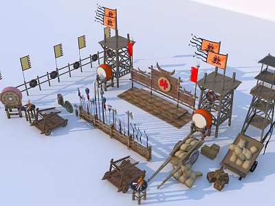 Ancient Weapons Scene Featuring War Drums Arrows Cannons Flags Watchtowers And Carts 3d model