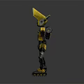 Yellow And Black Robot Character With Green Eyes And Pointed Mechanical Head Design