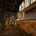 Restaurant Interior With Wooden Ceiling Green Plants Blackboard Wall Yellow Green Chairs And Brick Floor