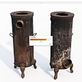 Two Vintage Rusty Cylindrical Kitchenware Cooking Stoves with Legs and Handles 3d model