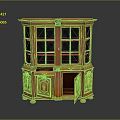 Antique Wooden Cabinet With Carved Details Glass Doors Open Drawer And Decorative Accents