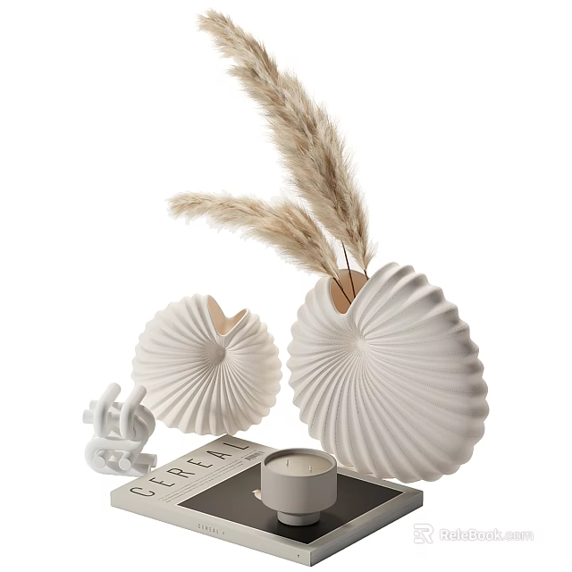 Elegant Decorative Ornament Set With Shell Shaped Vases Pampas Grass Small Ornament And Candle 3d model 