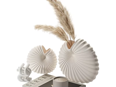 Elegant Decorative Ornament Set With Shell Shaped Vases Pampas Grass Small Ornament And Candle 3d model