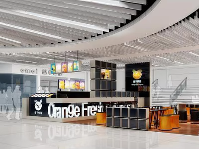 Orange Fresh Milk Tea Shop With Beverage Display Counter And Modern Interior Design 3d model
