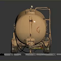 Orange Tanker Trailer With Two Wheels And Metal Pipes On Gray Background
