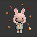 Cute Pink Haired Rabbit Ears Cartoon Character With Floating Carrots And Red Chili Peppers