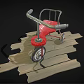 Children's Red Toddler Walker With Four Wheels On Wooden Planks