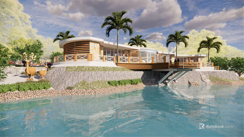 Waterfront Detached Villa With Modern Design Palm Trees And Scenic River View 3d model 