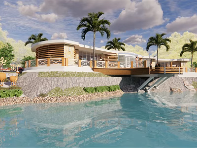 Waterfront Detached Villa With Modern Design Palm Trees And Scenic River View 3d model