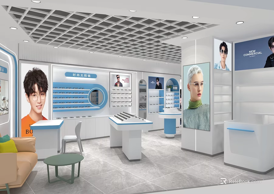 Modern Eyeglasses Specialty Store Interior With Display Counters Posters And Seating Area 3d model