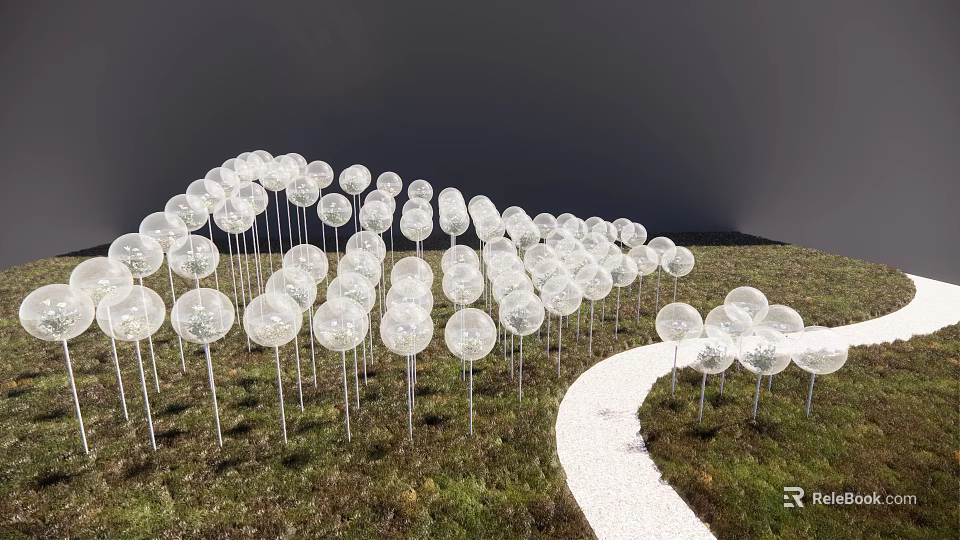 Garden Ornaments Transparent Spherical Decorations Arranged in Arched Shape on Grassland With White Path Alongside 3d model 