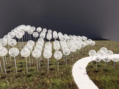 Garden Ornaments Transparent Spherical Decorations Arranged in Arched Shape on Grassland With White Path Alongside 3d model