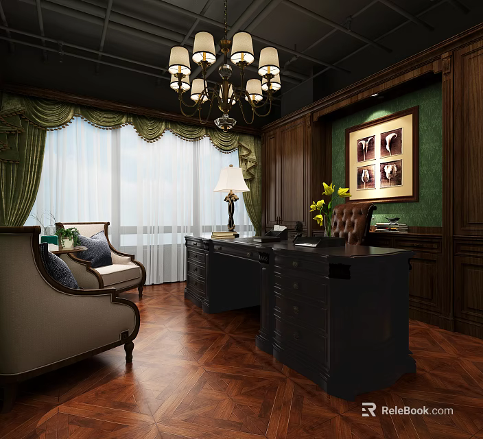 Elegant Office Interior With Wooden Furniture Chandelier Desk And Comfortable Chairs 3d model 