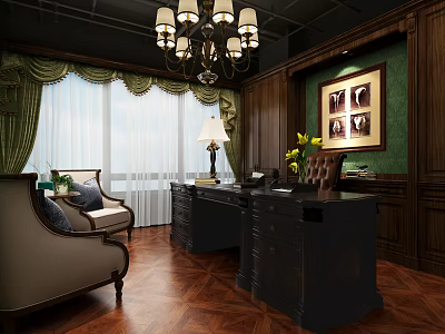 Elegant Office Interior With Wooden Furniture Chandelier Desk And Comfortable Chairs 3d model