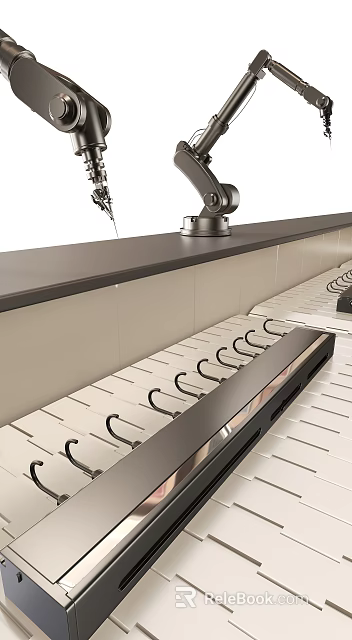Robotic Arm Mounted On Workbench With Metal Track And Hooks 3d model 