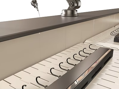 Robotic Arm Mounted On Workbench With Metal Track And Hooks 3d model