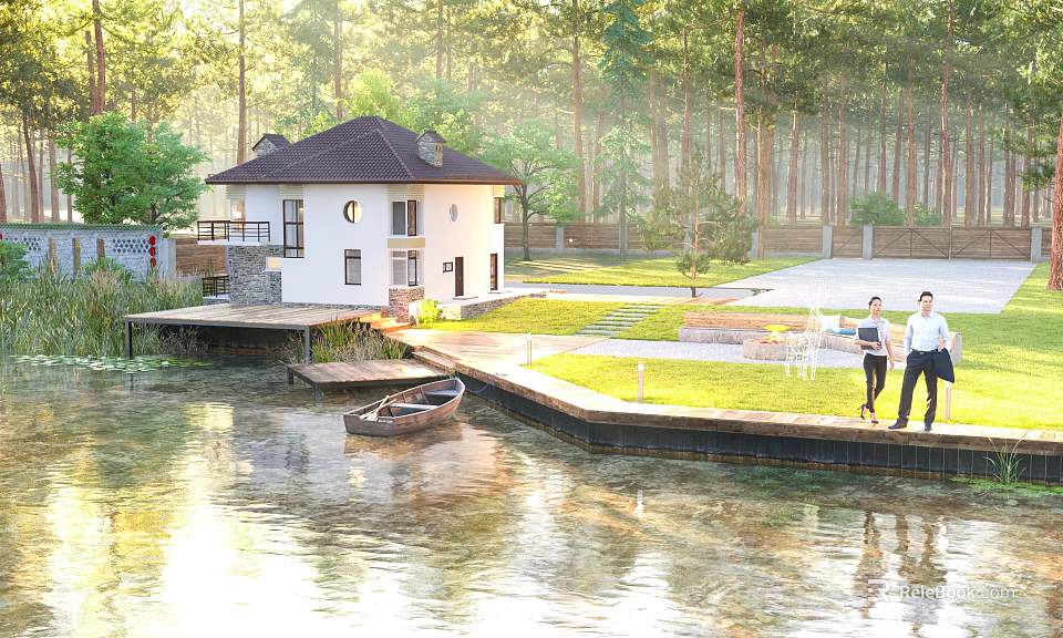 Peaceful Garden Landscape with Waterfront Wooden Dock Small Boat Green Grass Trees and White House 3d model 