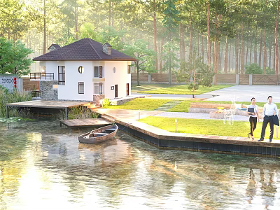 Peaceful Garden Landscape with Waterfront Wooden Dock Small Boat Green Grass Trees and White House 3d model