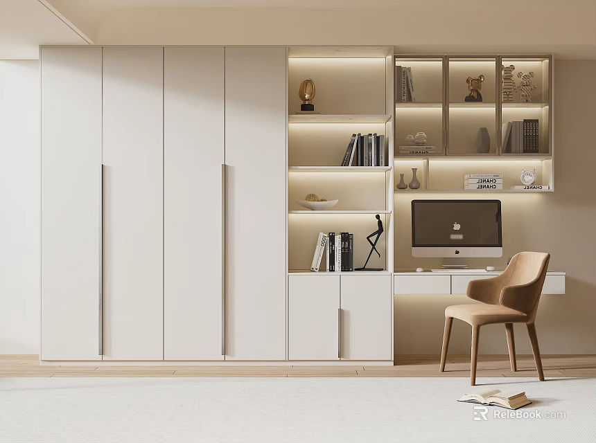 Modern White Built in Wardrobe With LED Lighting Open Shelves Desk And Chair 3d model 