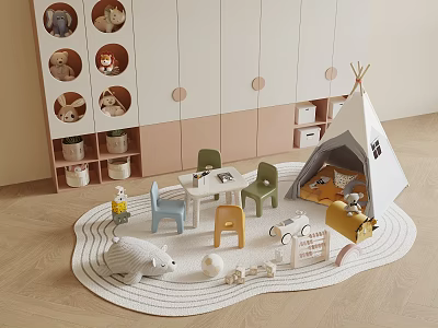 Cozy Playroom Interior Design With Teepee Small Table Chairs Stuffed Toys And Circular Wall Shelves 3d model