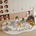 Cozy Playroom Interior Design With Teepee Small Table Chairs Stuffed Toys And Circular Wall Shelves