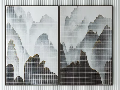 Modern Mountain Landscape Wall Art With Grid Pattern And Two Panels 3d model