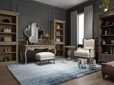 Classic Dressing Table with Mirror Stool and Elegant Room Decor Including Bookshelves Armchair and Rug 3d model