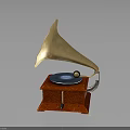 Classic Vintage Gramophone With Golden Horn Red Base And Black Record