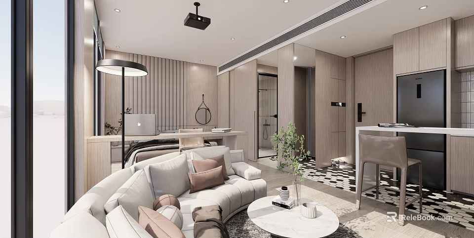 Modern Apartment Living Room Workspace With Sofa Coffee Table Floor Lamp And Minimalist Decor 3d model 