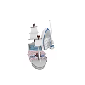 Ship Shaped Kids Bed Featuring White Sails Ship Wheel and Blue Drawers with Oar Star