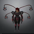 Sci Fi Character With Red Hair And Mechanical Arms In Black Pink Armor