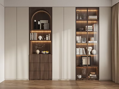 Modern Wooden Bookcase With Arched Design Glass Doors Interior Lighting And Decorations 3d model