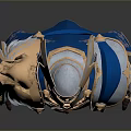 Mythical Knight in Blue and Gold Armor With Winged Helmet and Ornate Details