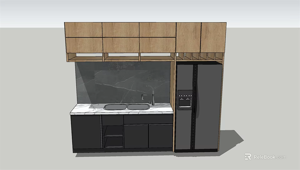 Modern Kitchen Cabinets With Upper Lower Storage White Countertop And Black Refrigerator 3d model