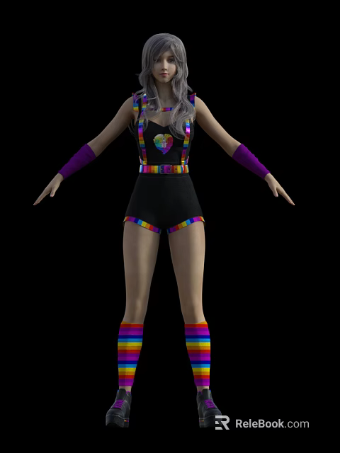Woman In Black Bodysuit With Heart Design Rainbow Stripes Purple Arm Sleeves And Colorful Socks 3d model 