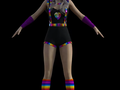 Woman In Black Bodysuit With Heart Design Rainbow Stripes Purple Arm Sleeves And Colorful Socks 3d model