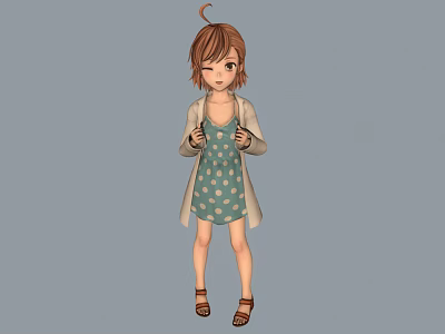 Cartoon Girl Character With Brown Short Hair Blue Polka Dot Dress Beige Cardigan Brown Sandals 3d model