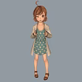 Cartoon Girl Character With Brown Short Hair Blue Polka Dot Dress Beige Cardigan Brown Sandals