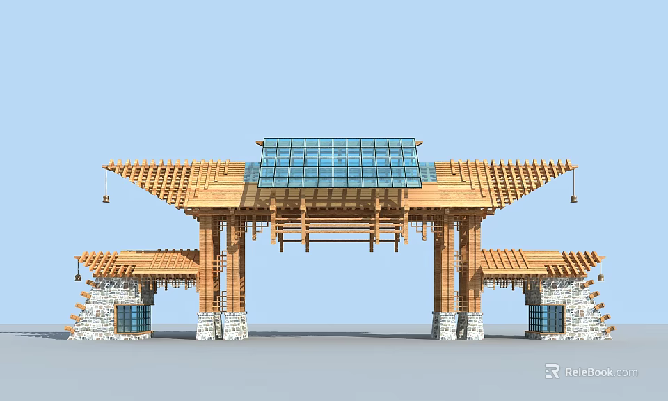 Traditional Chinese Entrance Gate With Wooden Roof Glass Skylight And Stone Base 3d model 