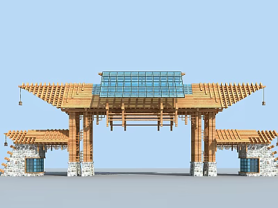 Traditional Chinese Entrance Gate With Wooden Roof Glass Skylight And Stone Base 3d model