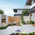 Modern Garden Outdoor Living Area With Wooden Fence TV Seating Purple Flowers And Green Plants
